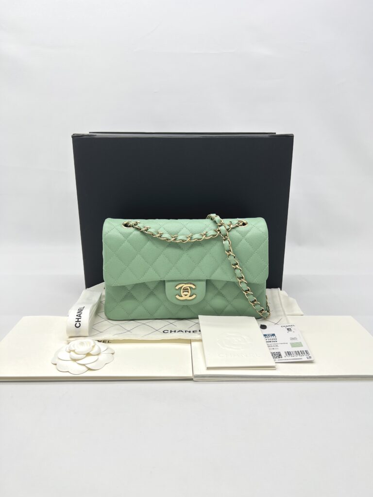 Chanel Small Classic D Flap Caviar Light Green SHW