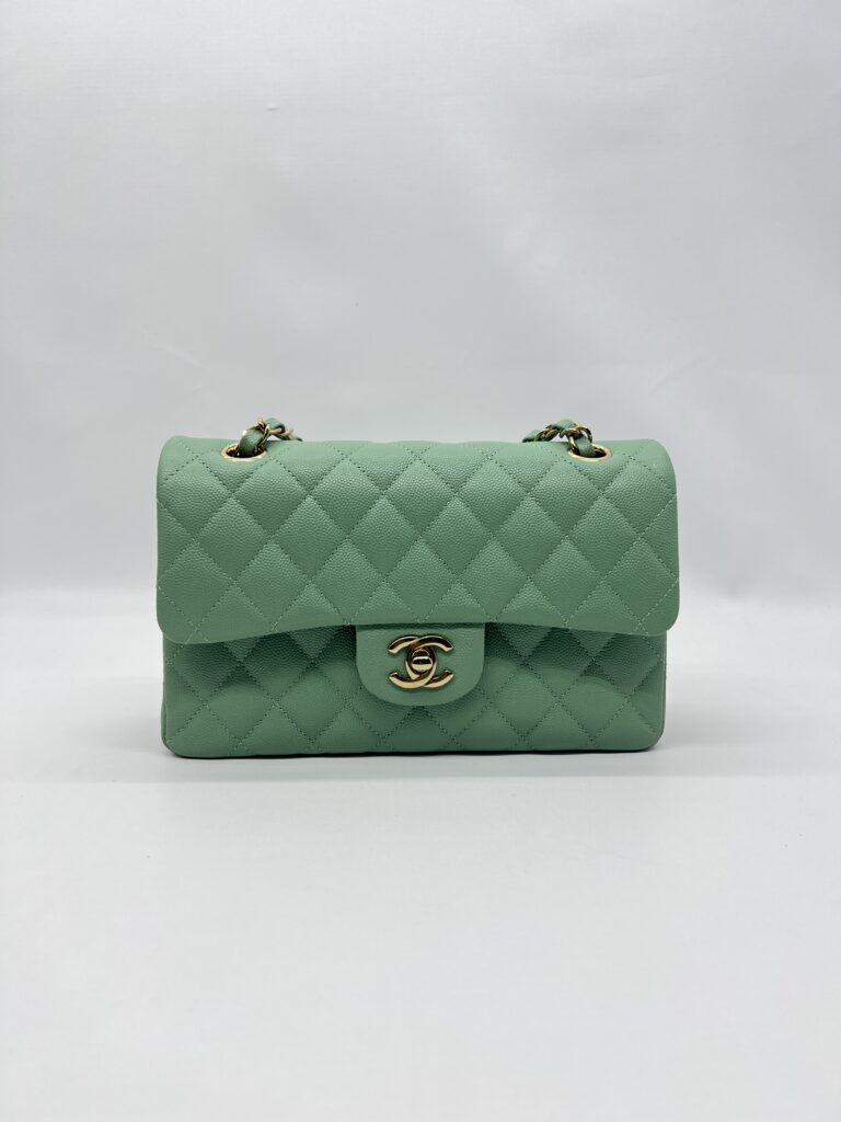 Chanel Small Classic D Flap Caviar Light Green SHW