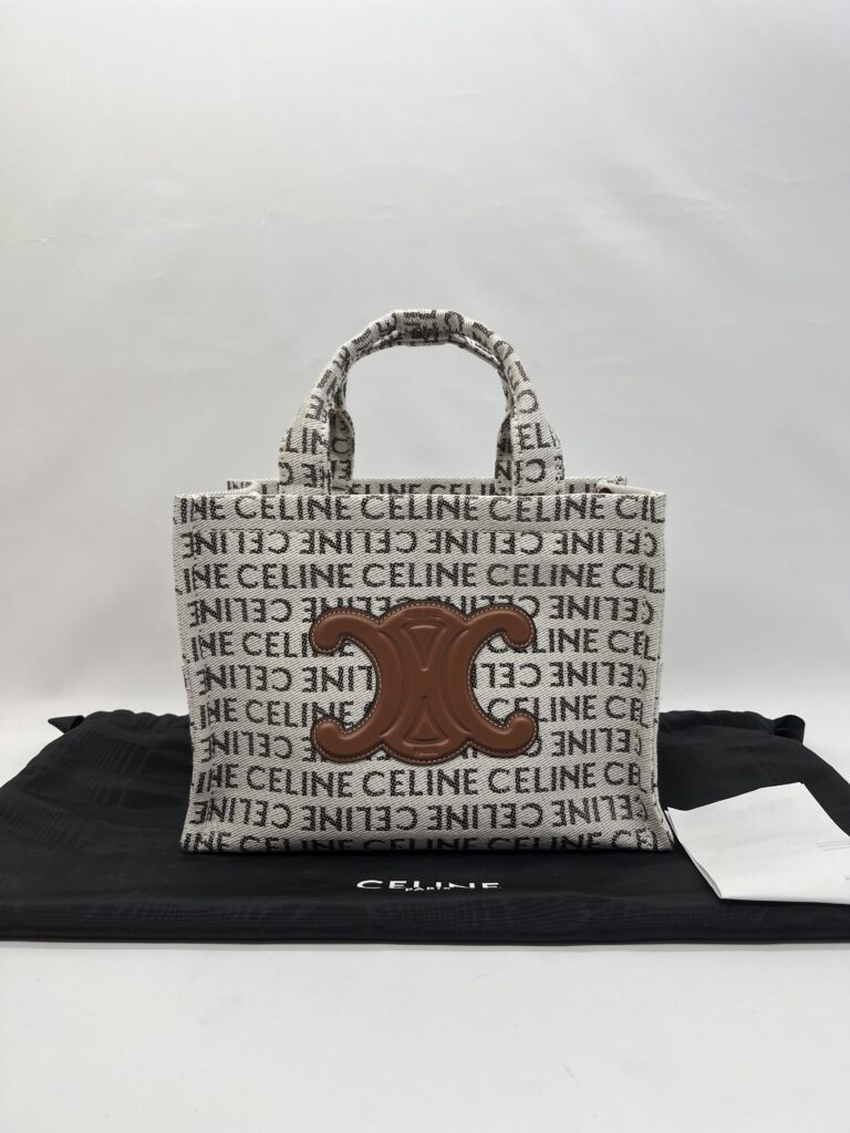Celine Small Cabas Canvas White Tan Logo GHW
