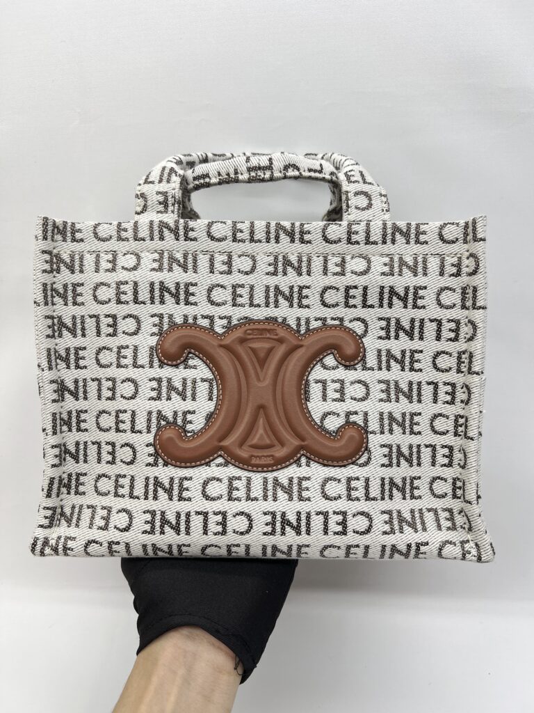 Celine Small Cabas Canvas White Tan Logo GHW