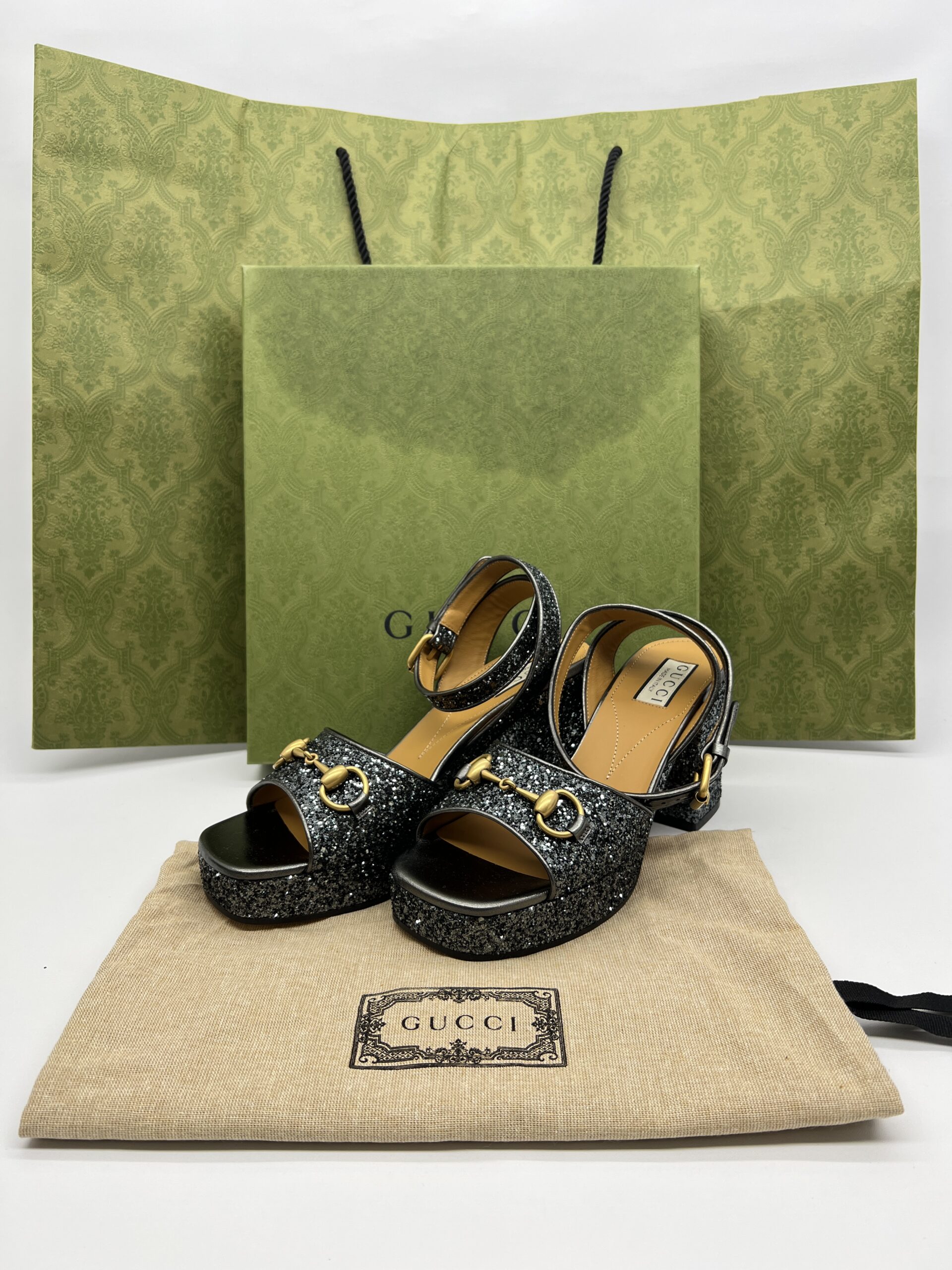 Gucci Lady Horsebit Platform Heels Soko Glitter Grey