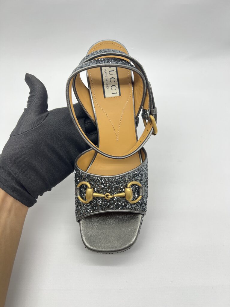 Gucci Lady Horsebit Platform Heels Soko Glitter Grey