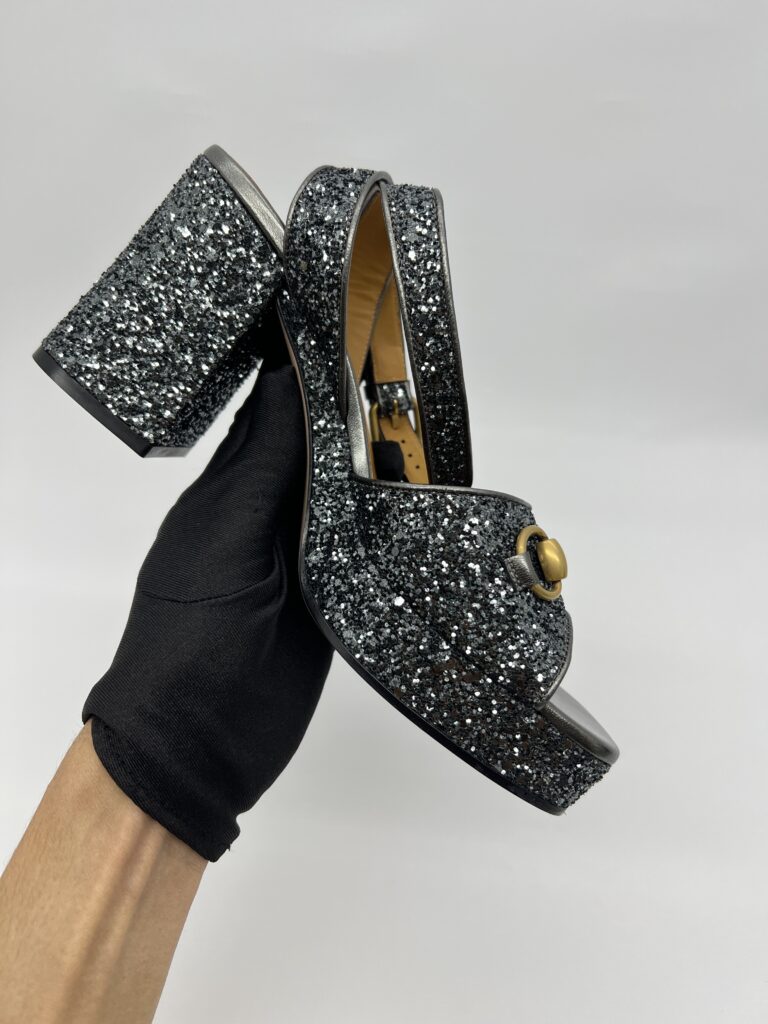 Gucci Lady Horsebit Platform Heels Soko Glitter Grey