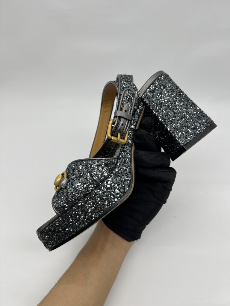 Gucci Lady Horsebit Platform Heels Soko Glitter Grey