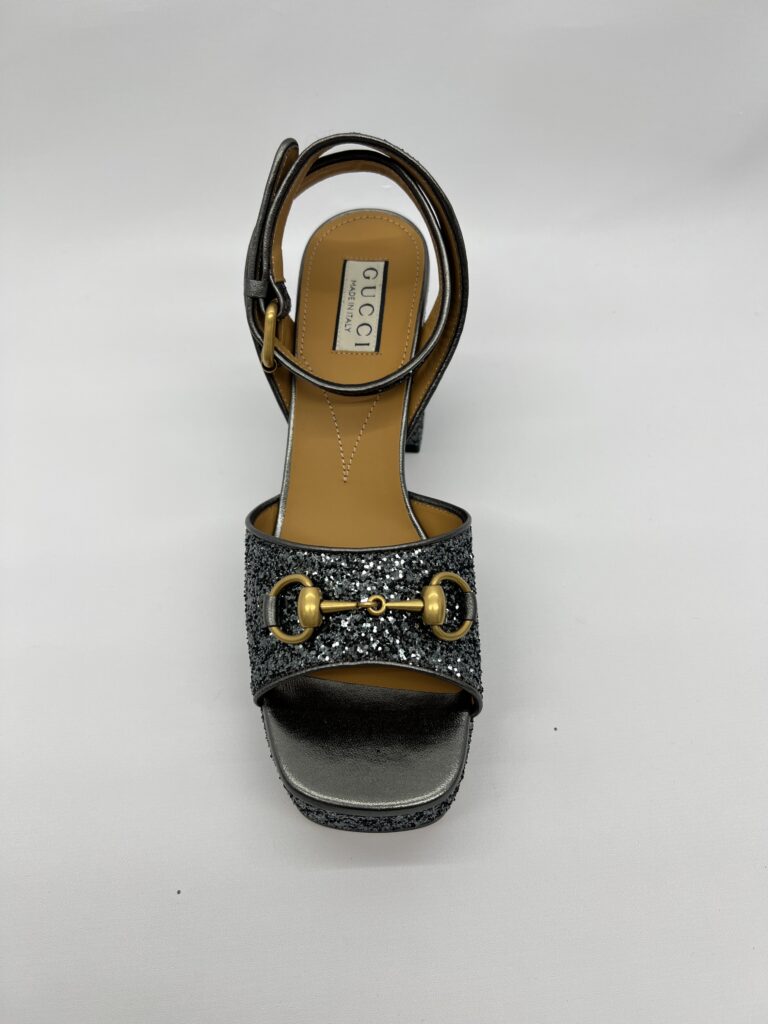 Gucci Lady Horsebit Platform Heels Soko Glitter Grey