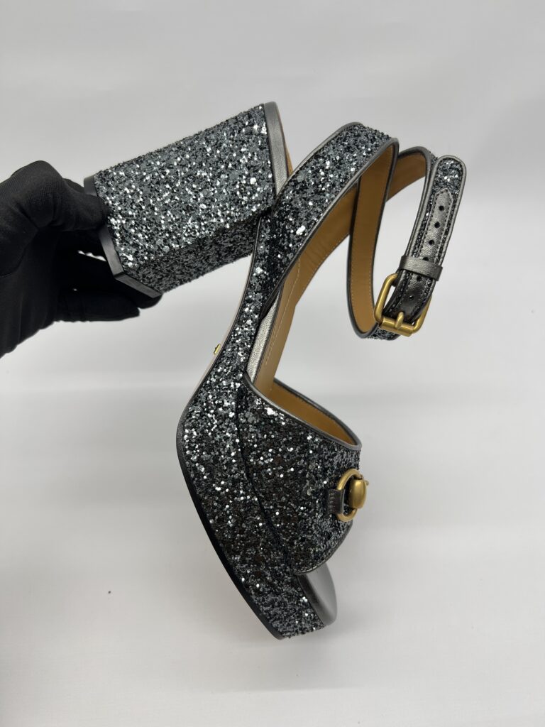 Gucci Lady Horsebit Platform Heels Soko Glitter Grey