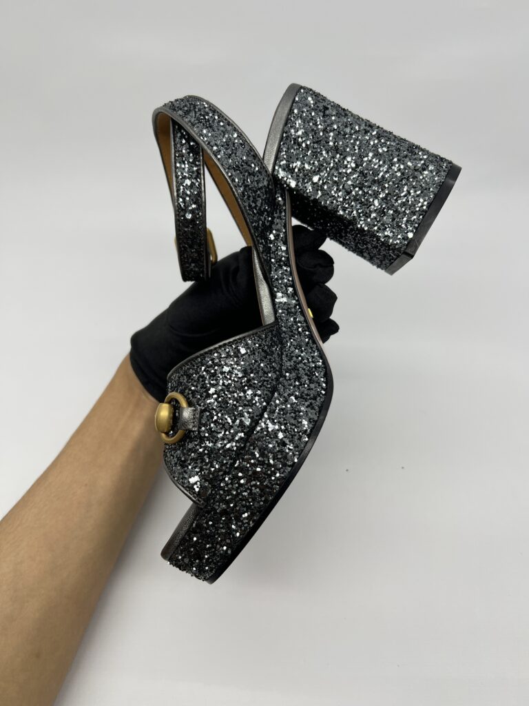 Gucci Lady Horsebit Platform Heels Soko Glitter Grey