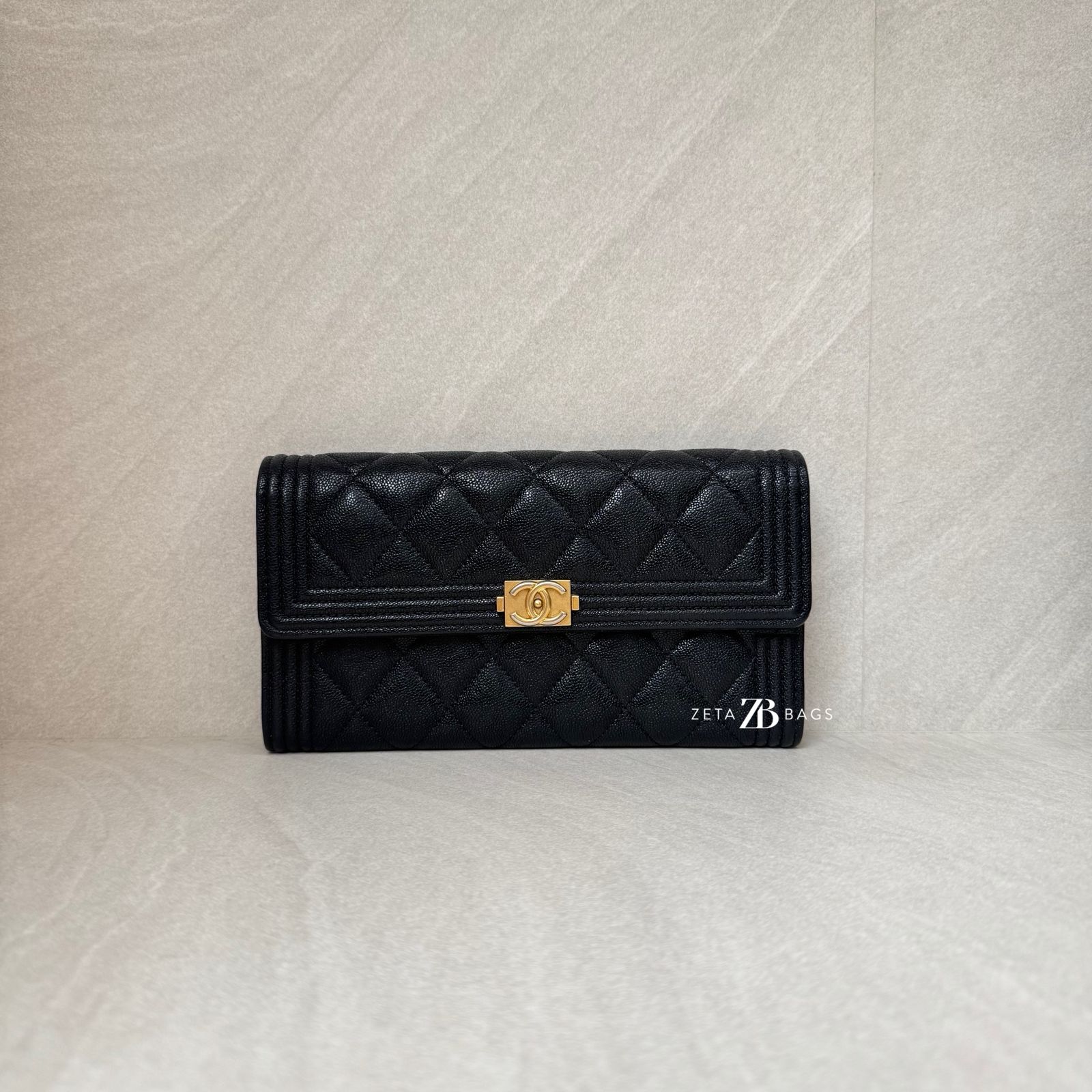 Chanel Boy Long Wallet Black Caviar GHW