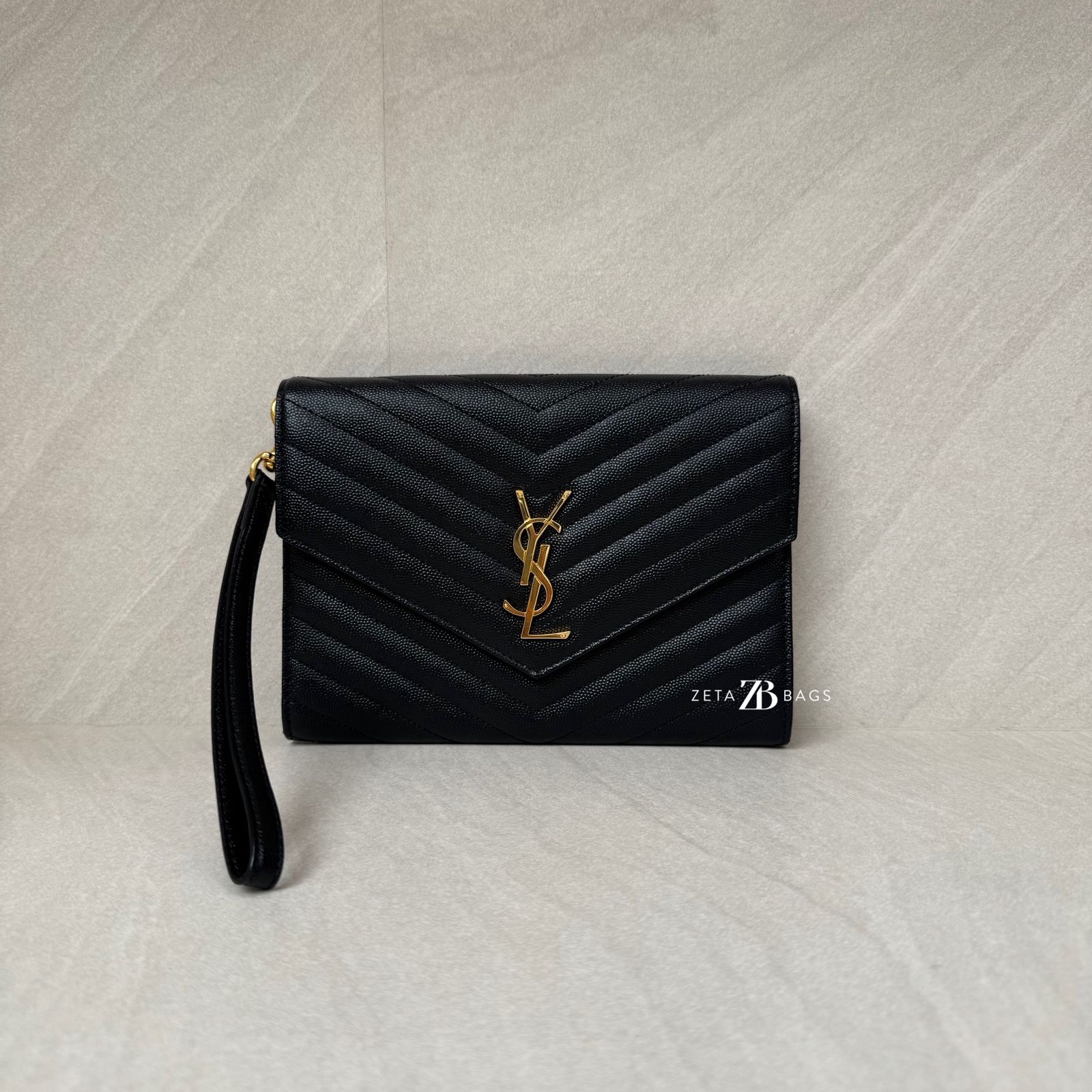 Saint Laurent Envelope Wristlet Grained Black GHW