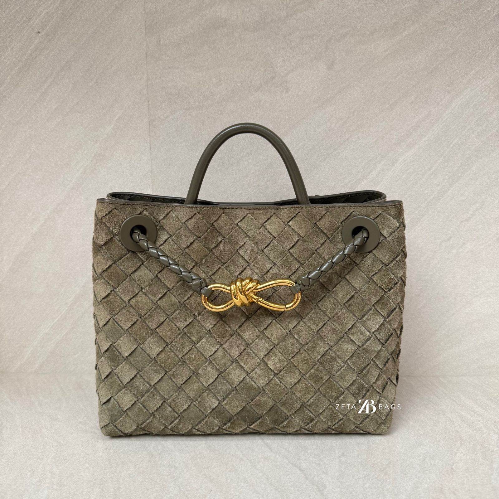 Bottega Veneta Small Andiamo Suede Intrecciato Cypress GHW