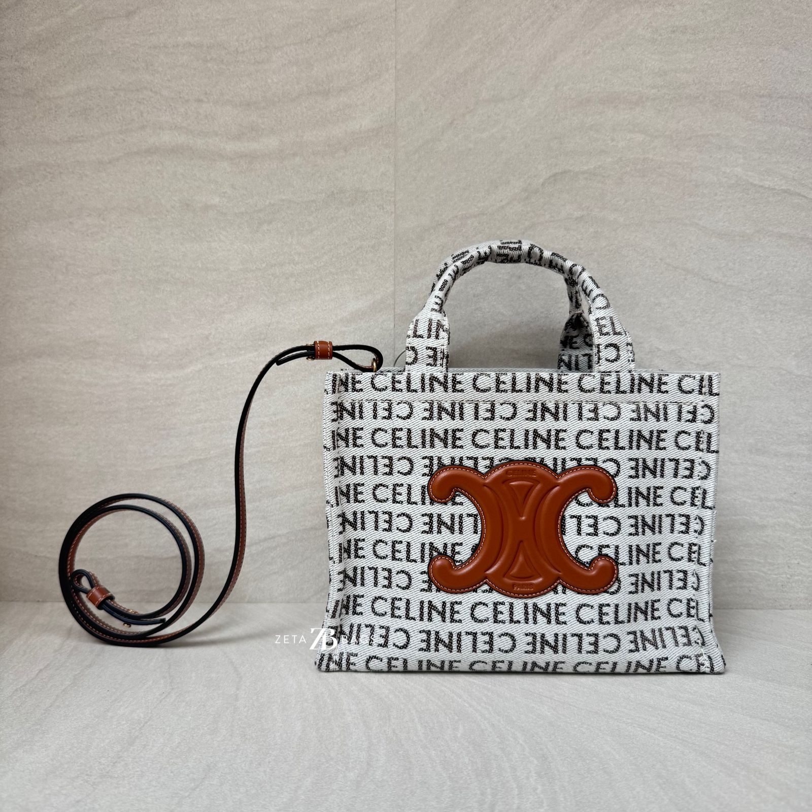 Celine Small Cabas Canvas White Tan Logo GHW