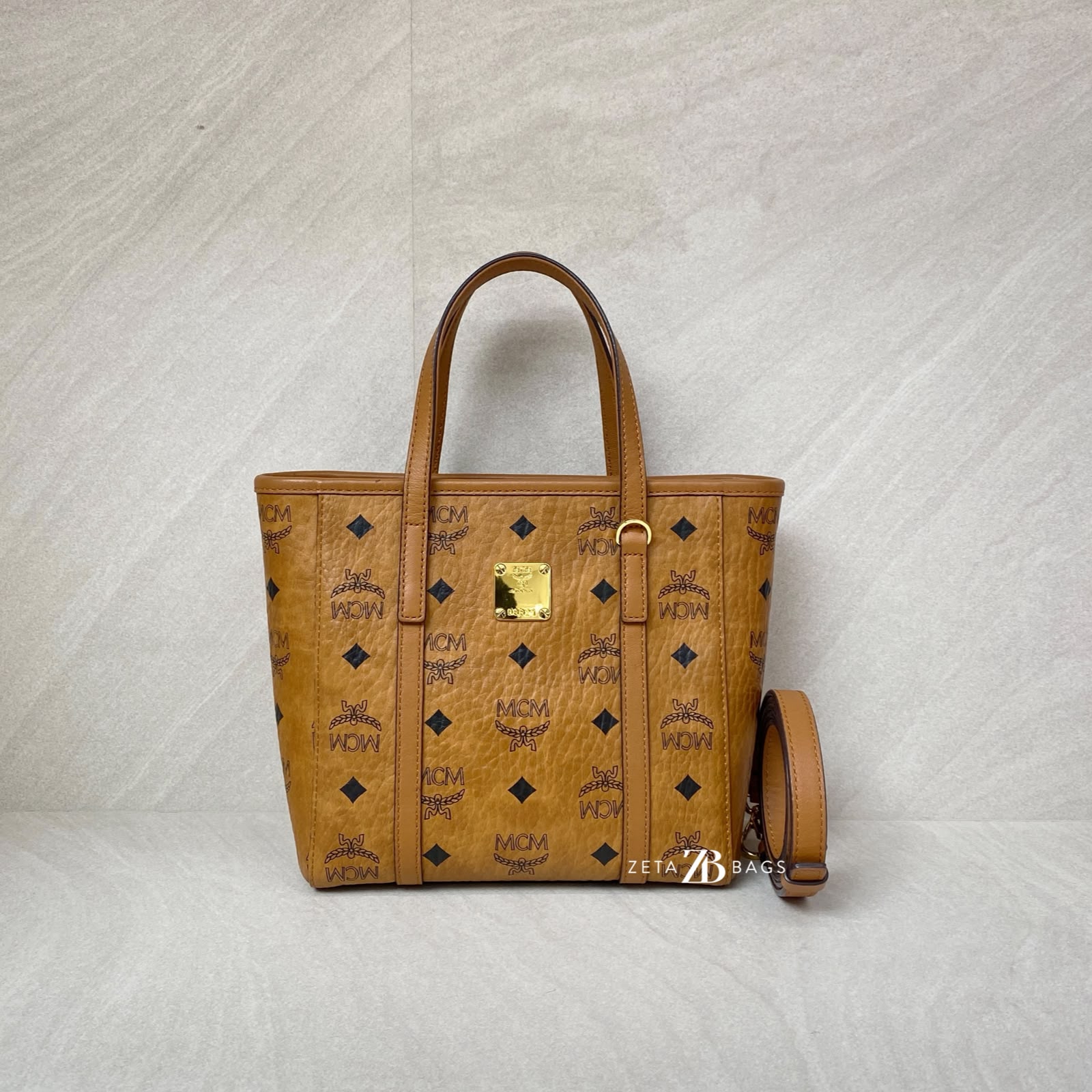 MCM X-Mini Toni Top Zip Visetos Cognac Brown Gold Hardware