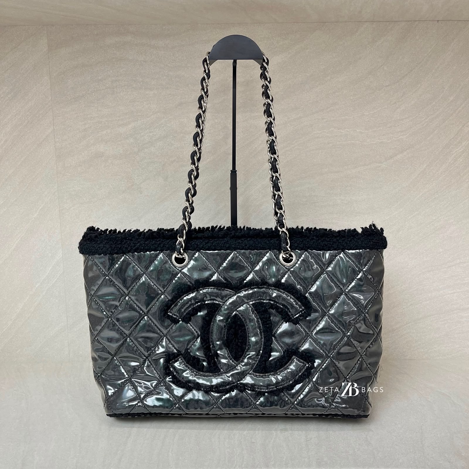 Chanel Funny Tweed Tote Transparent Vinyl Fur Black SHW