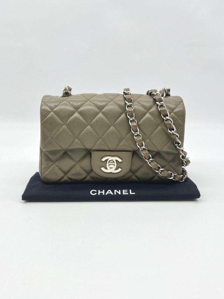 Chanel Mini Rectangular S Flap Caviar Khaki Silver Hardware