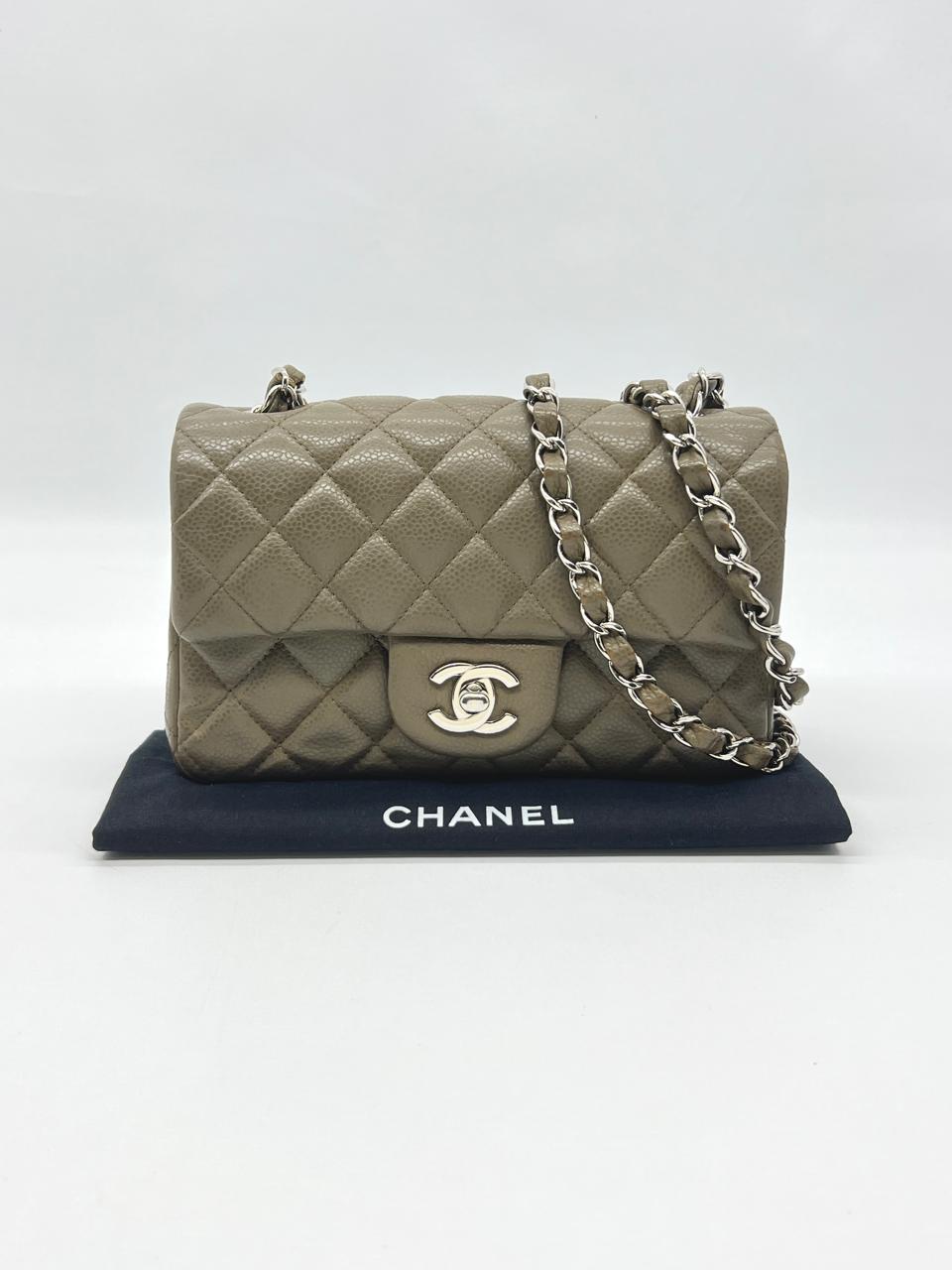 Chanel Mini Rectangular S Flap Caviar Khaki Silver Hardware