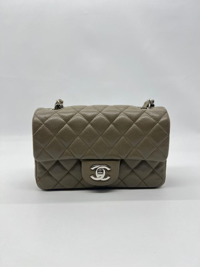 Chanel Mini Rectangular S Flap Caviar Khaki Silver Hardware