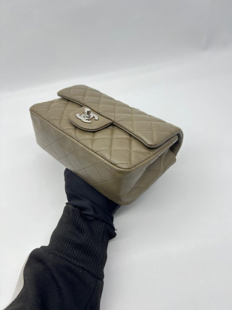 Chanel Mini Rectangular S Flap Caviar Khaki Silver Hardware