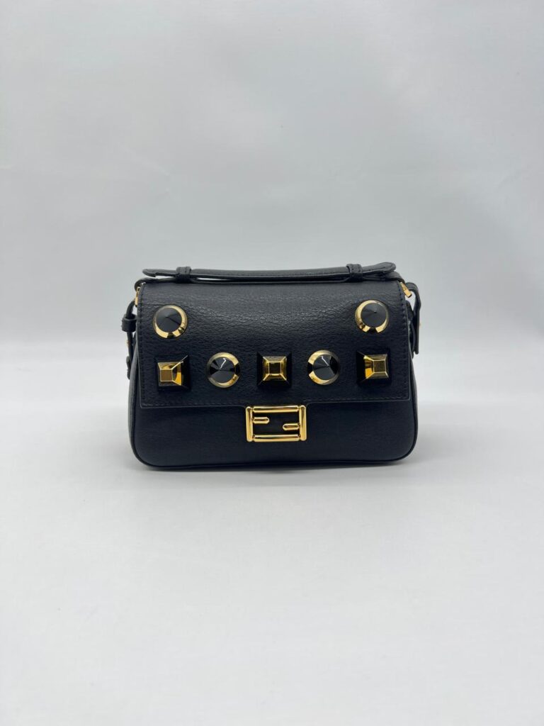 Fendi Double Baguette Studded Micro Black Gold Hardware