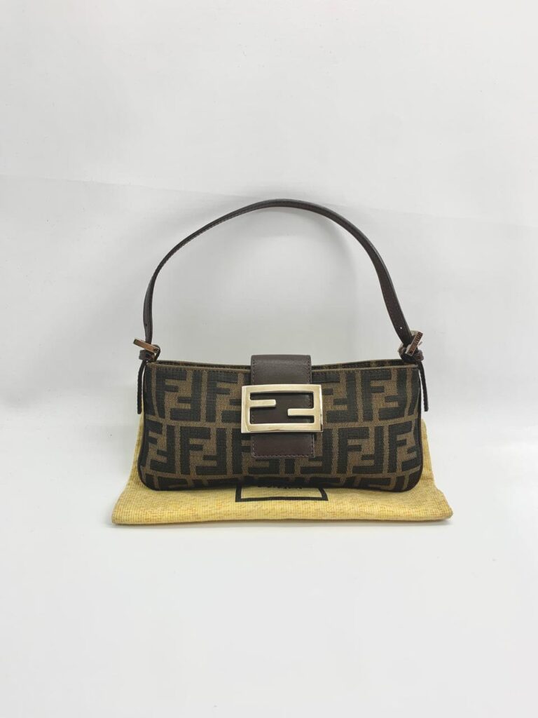 Fendi Pochette Flap Tobacco Zucca Canvas Brown Silver Hardware