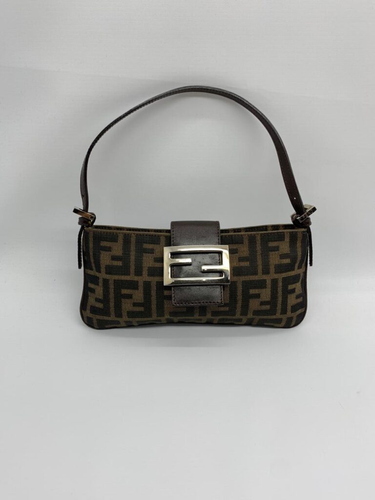 Fendi Pochette Flap Tobacco Zucca Canvas Brown Silver Hardware