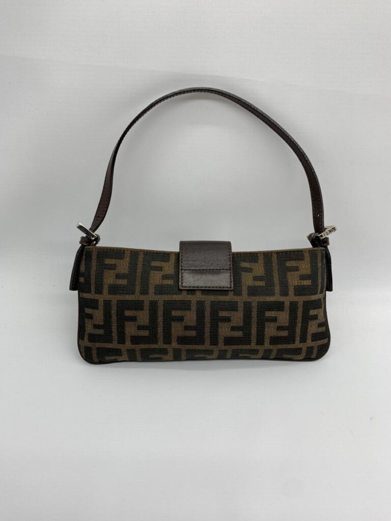 Fendi Pochette Flap Tobacco Zucca Canvas Brown Silver Hardware