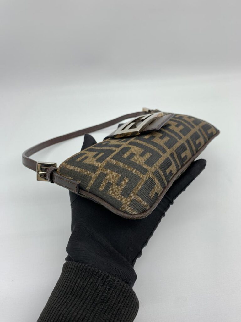 Fendi Pochette Flap Tobacco Zucca Canvas Brown Silver Hardware