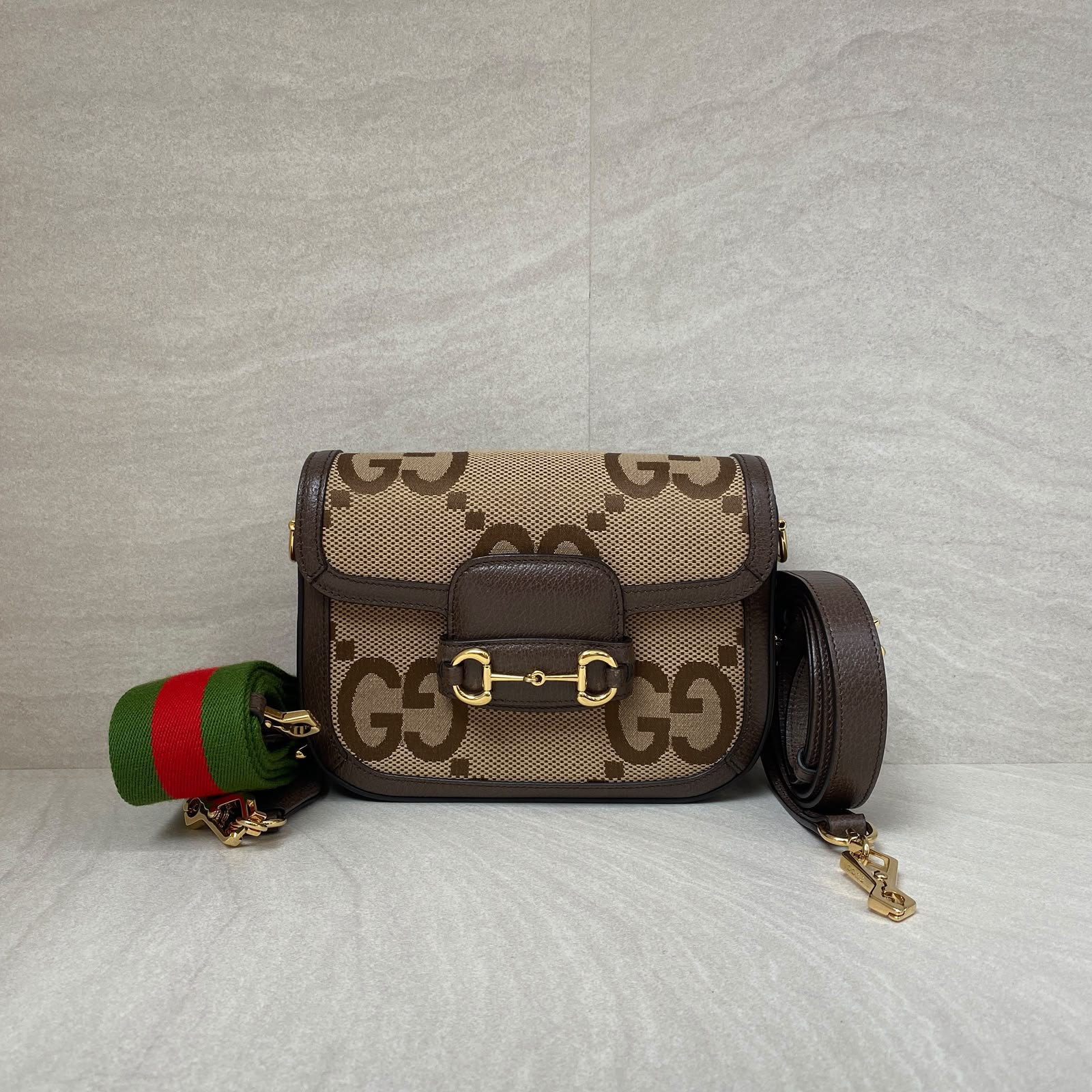Gucci Horsebit Mini Web Camel Ebony New Acero Gold Hardware