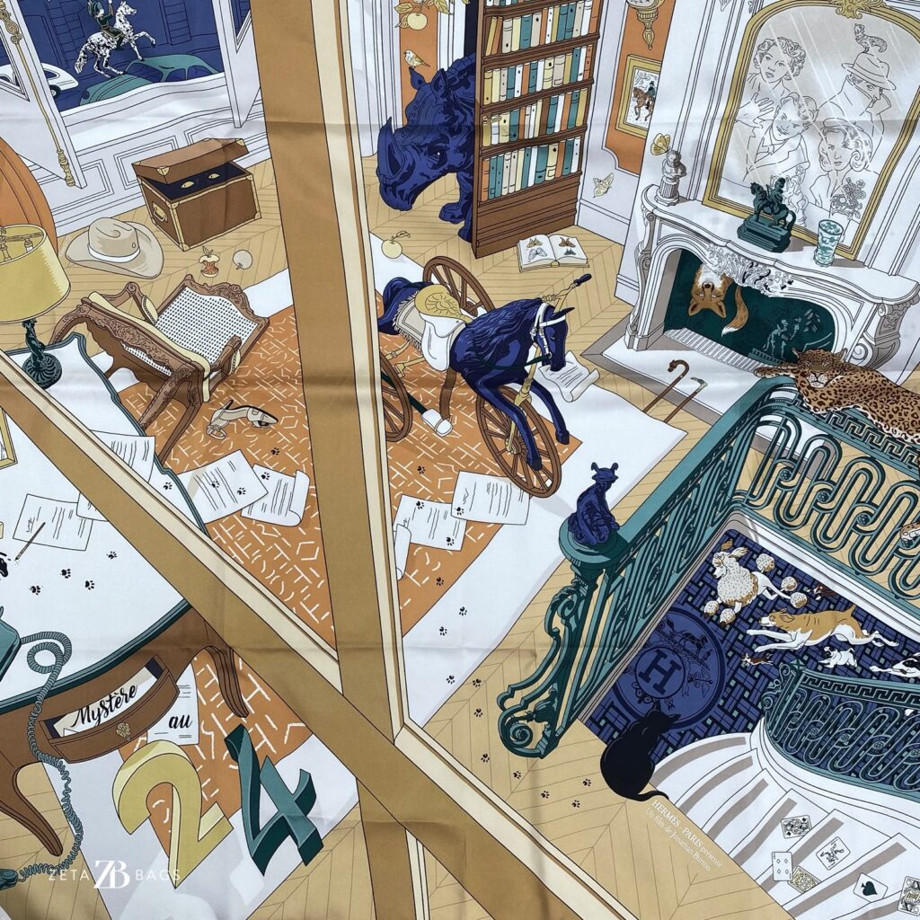Hermes Carre Twill Mystere Scarf Camel/ Vert/ Blanc
