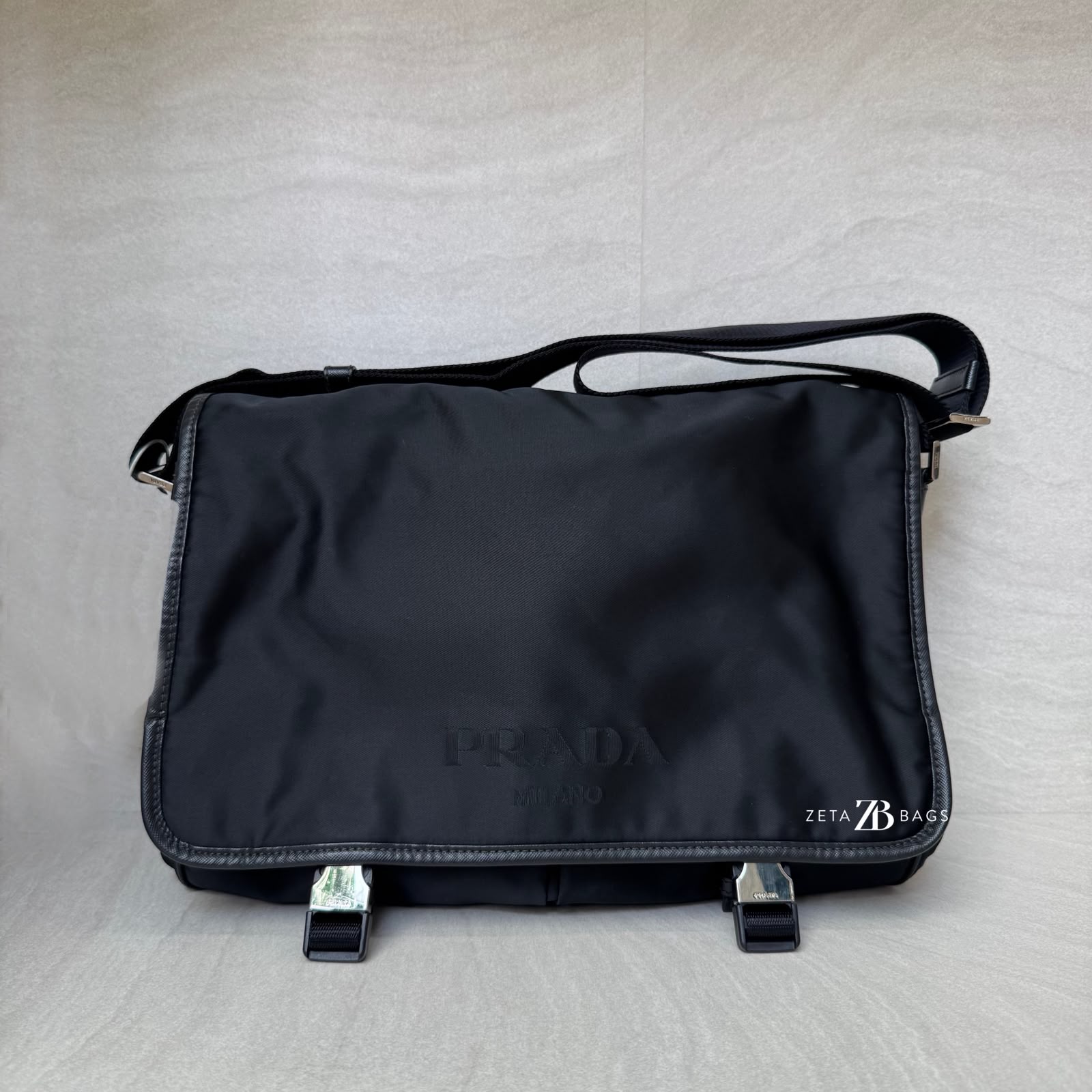 Prada Flap Messenger Bag Tessuto Saffiano Nylon Black SHW