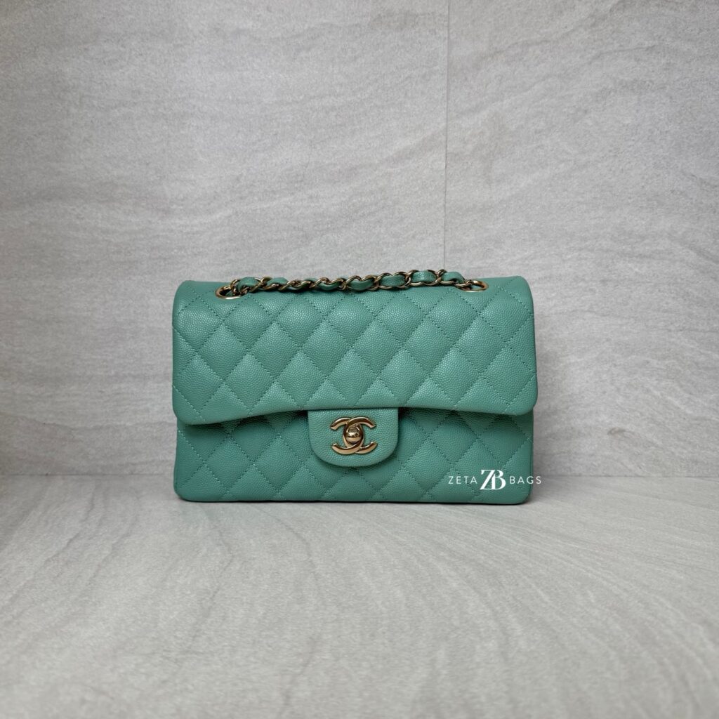 Chanel Small Classic D Flap Caviar Light Green SHW