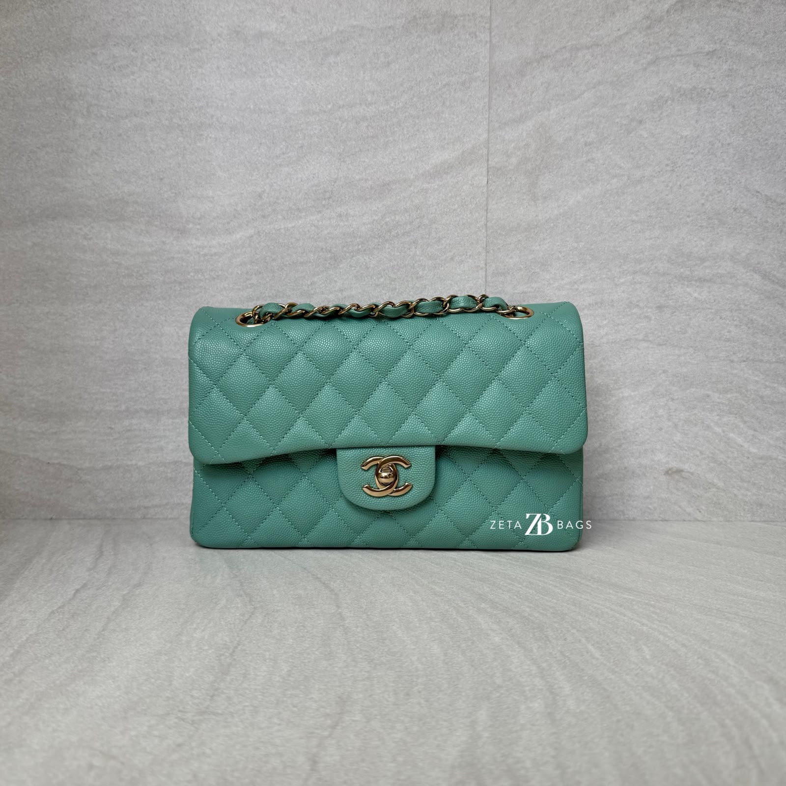 Chanel Small Classic D Flap Caviar Light Green SHW
