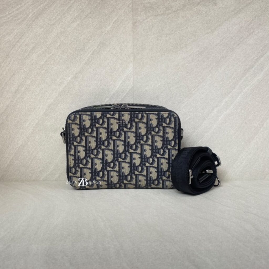 Dior Zipped Pouch With Strap Canvas Oblique Blue SHW
