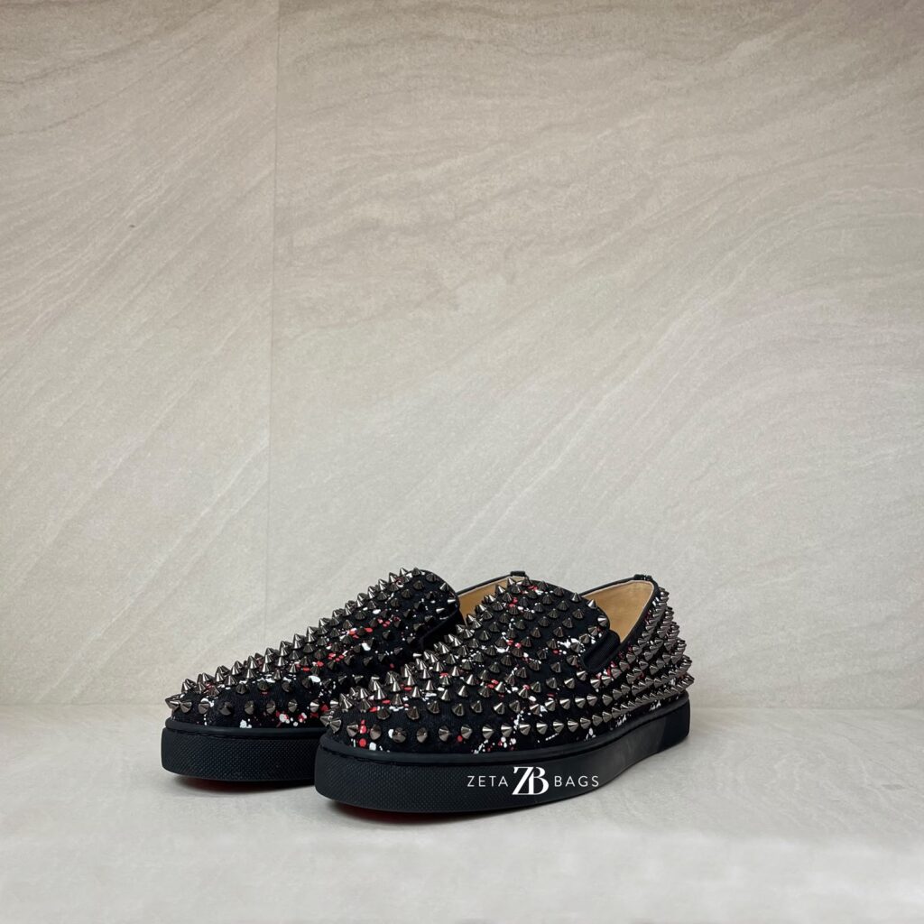 Christian Louboutin Roller Boat Slip On Toile Splash Black Red White