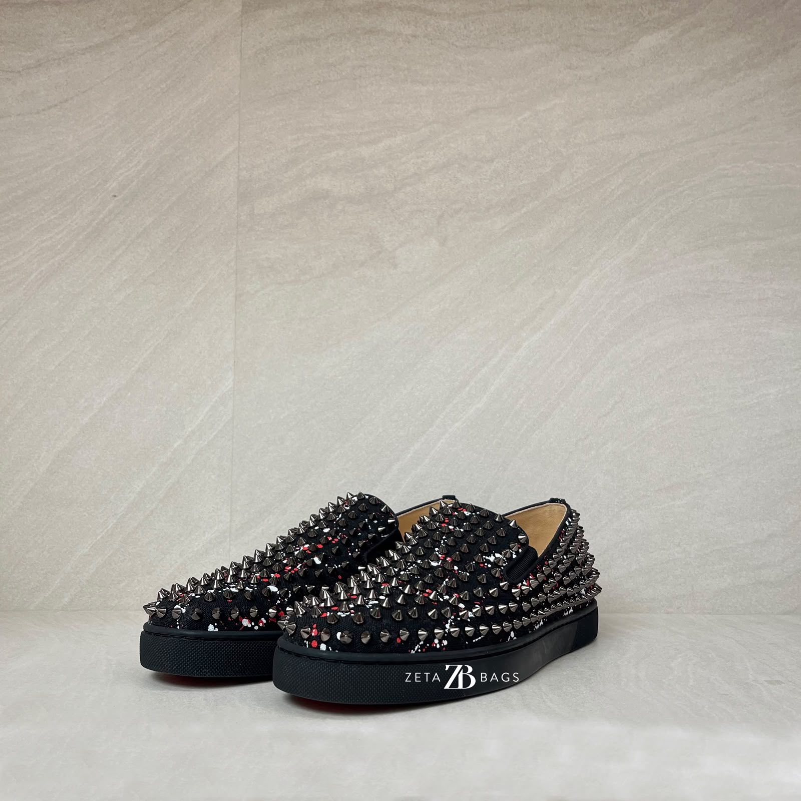 Christian Louboutin Roller Boat Slip On Toile Splash Black Red White
