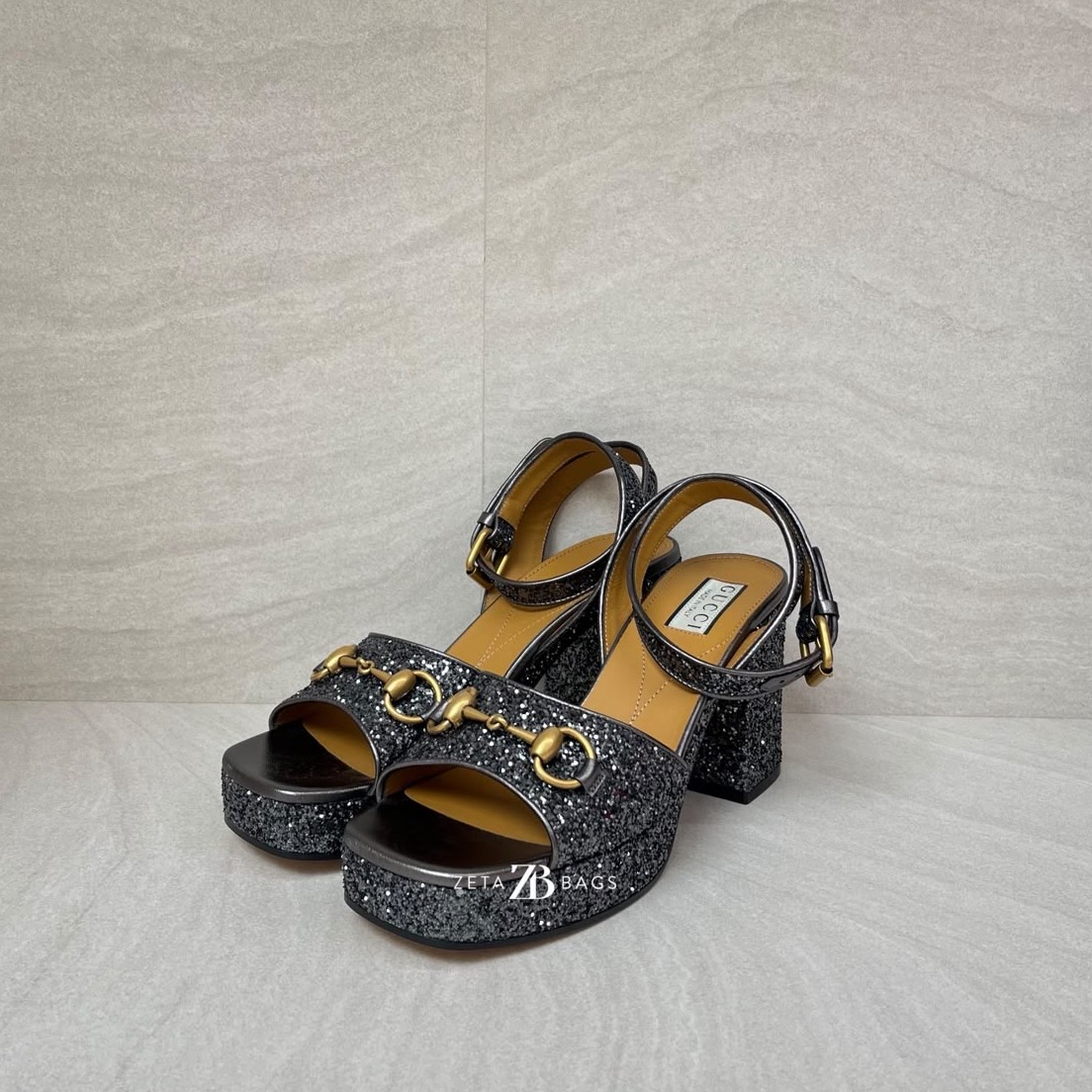 Gucci Lady Horsebit Platform Heels Soko Glitter Grey