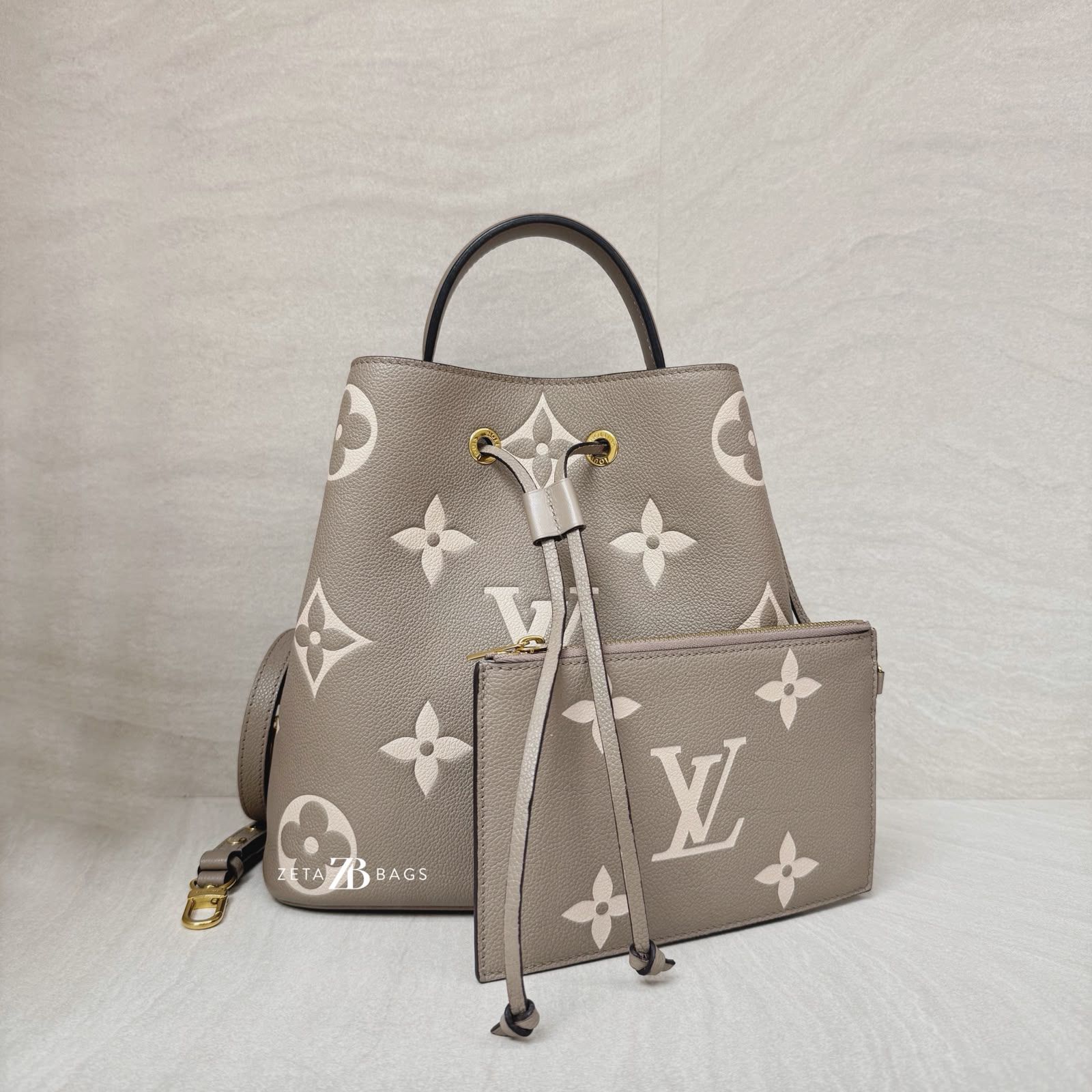 Louis Vuitton Neo Noe MM Monogram Empreinte Giant Tourterelle Creme GHW