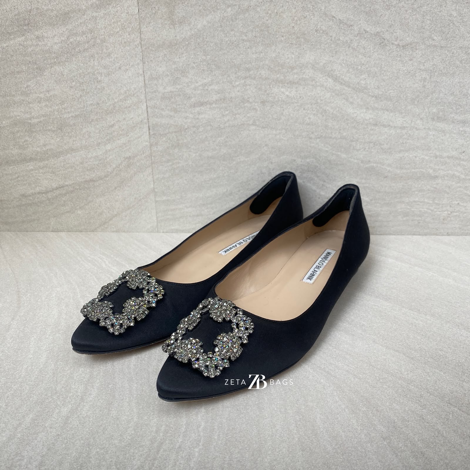 Manolo Blahnik Hangisi Flat Satin Black
