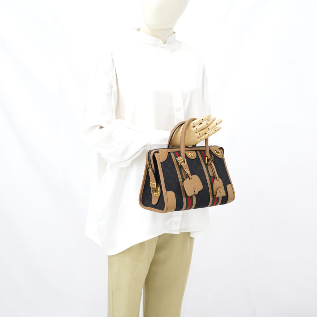 Gucci Duffle Top Handle Black Koi Beige Stripe GHW