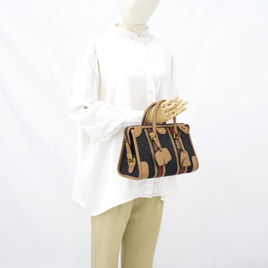 Gucci Duffle Top Handle Black Koi Beige Stripe GHW