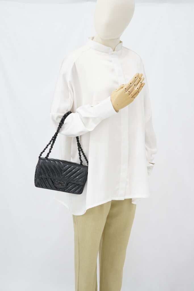Chanel Mini Rectangle Crinkled Patent All Black