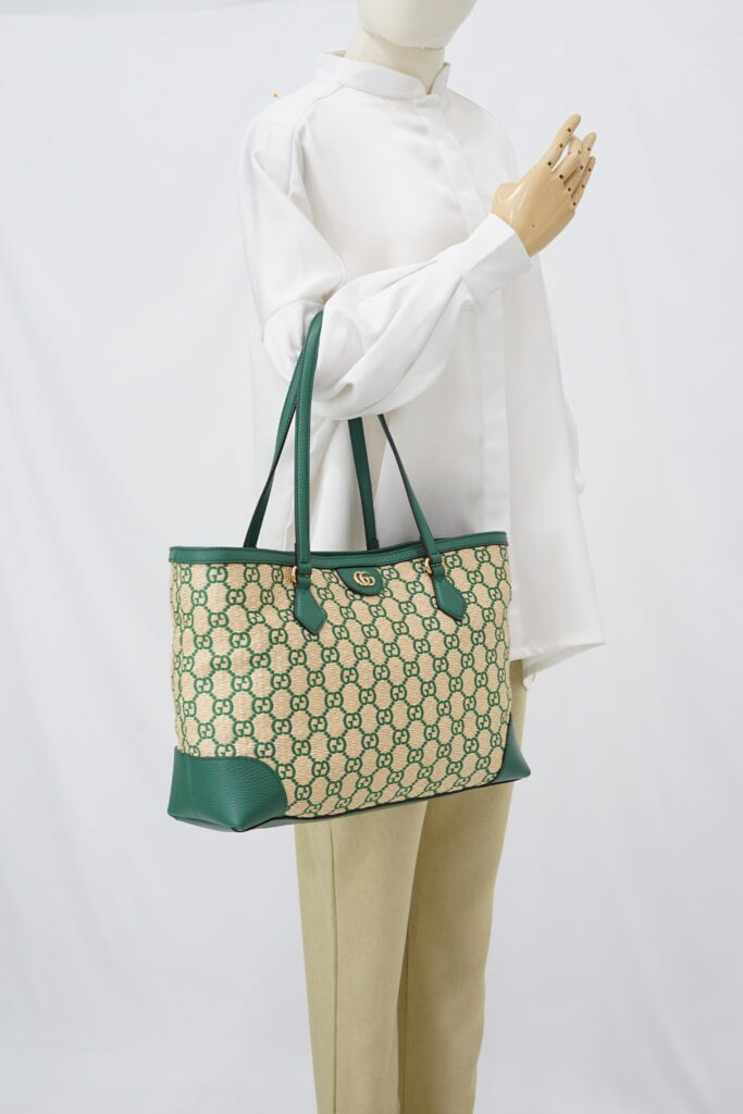 Gucci Ophidia Tote Bags GG Raffia Beige Green GHW