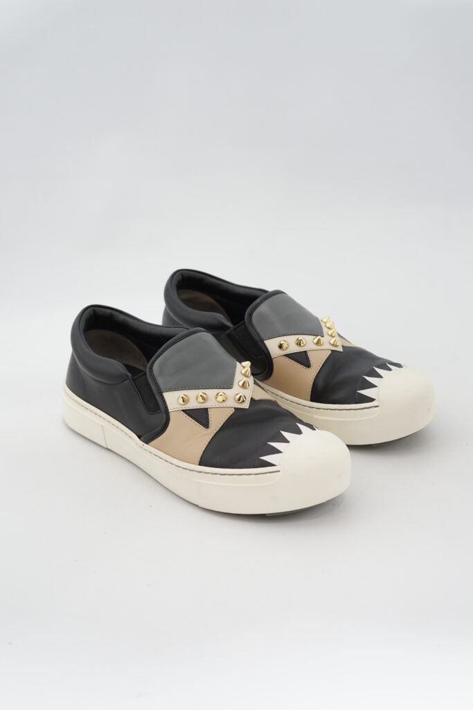 Fendi Monster Studded Slip On Shoes Black/Grey/Beige Multicolor