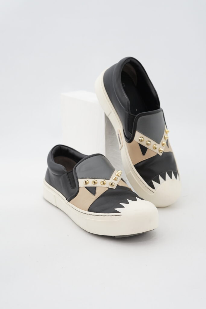 Fendi Monster Studded Slip On Shoes Black/Grey/Beige Multicolor