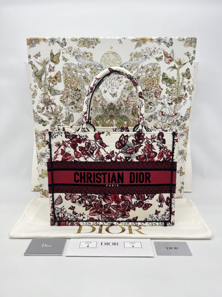 Dior Medium Book Tote Embroidered Butterfly White Red