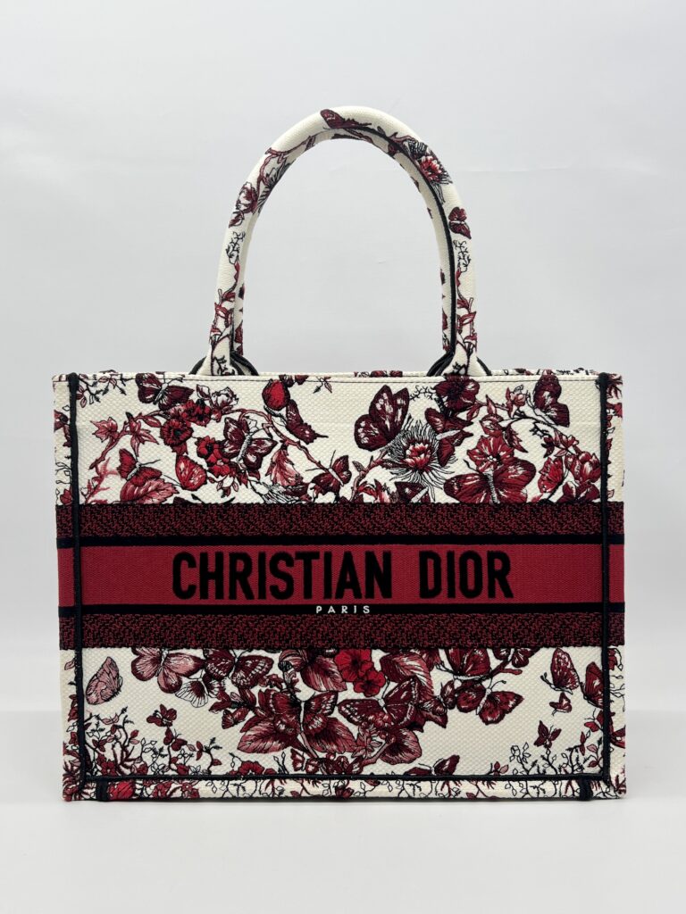 Dior Medium Book Tote Embroidered Butterfly White Red