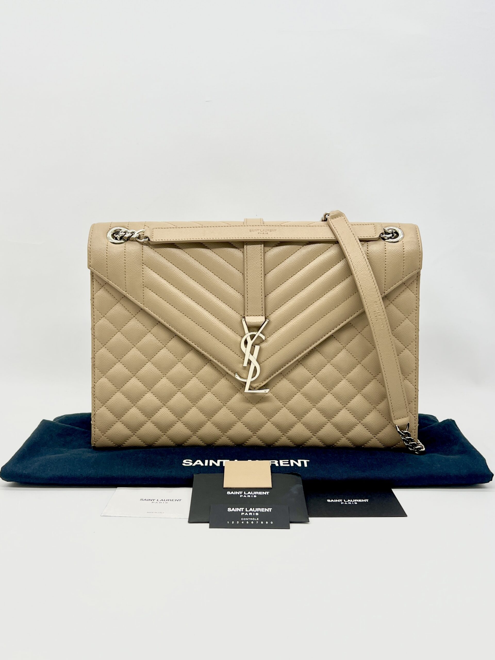 Saint Laurent Envelope Large Bag Grained Beige SHW