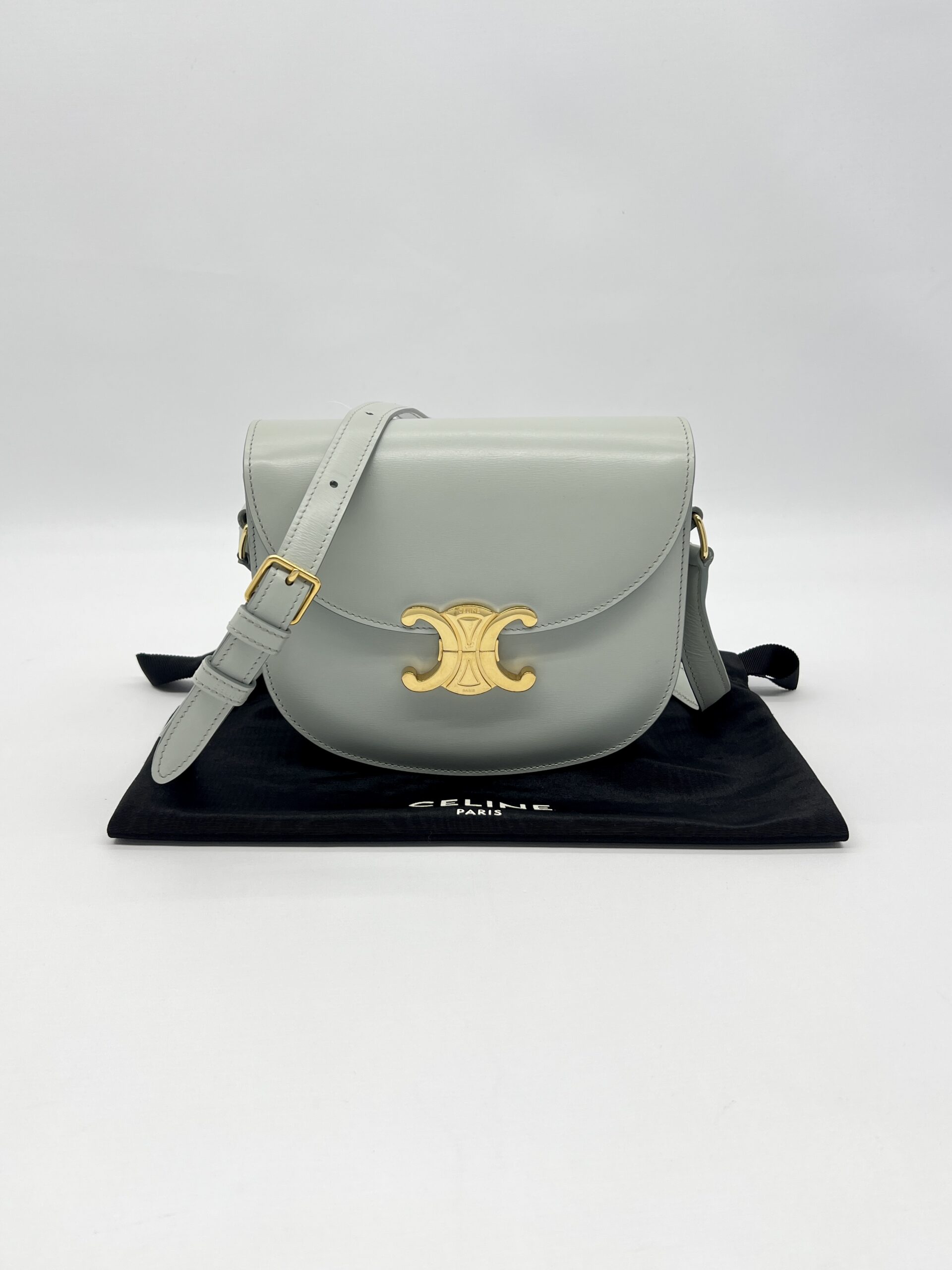 Celine Triomp Besace Clea Bag Shiny Calfskin Light  Grey GHW