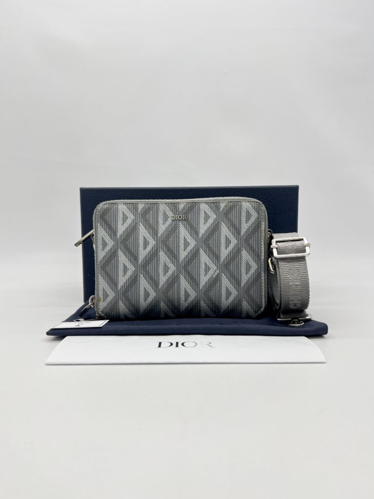 Dior Zipped Compact Pouch Diamond Canvas Grey