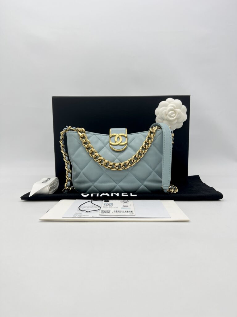 Chanel 2 Way Chain Shoulder Bag Lambskin Blue GHW