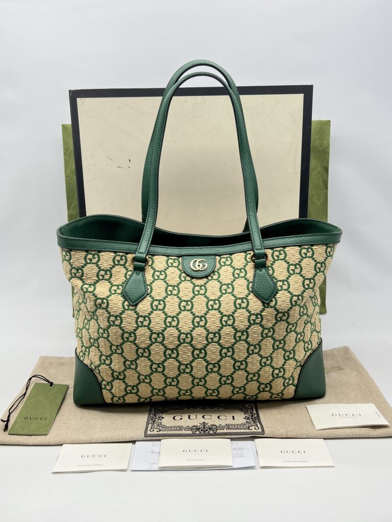 Gucci Ophidia Tote Bags GG Raffia Beige Green GHW